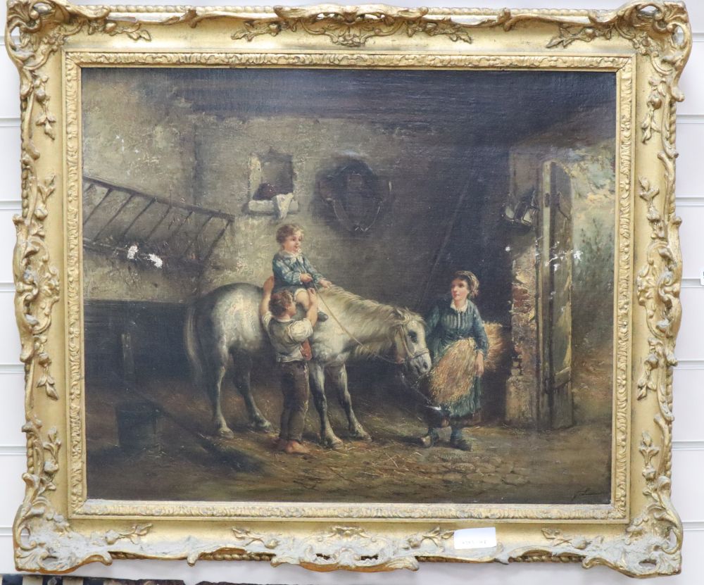 Victorian School, oil on canvas, Children and pony in a stable, indistinctly signed, 52 x 63cm